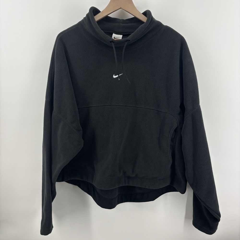 Nike ThermaFit Fleece Pullover Women Large Black Funnel Neck Swoosh Running